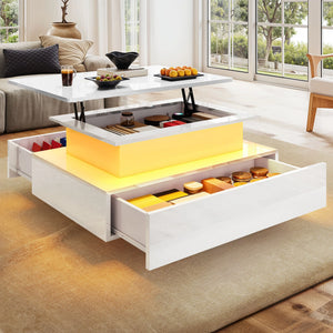 Table Basse Relevable Balconera LED – Plateau Ajustable, 2 Tiroirs de Rangement