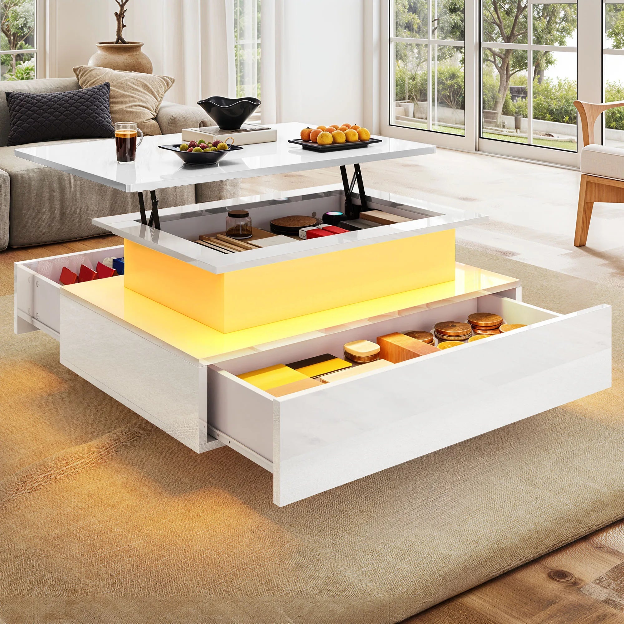Table Basse Relevable Balconera avec LED Multicolores – Rangement 2 Tiroirs, Design Moderne