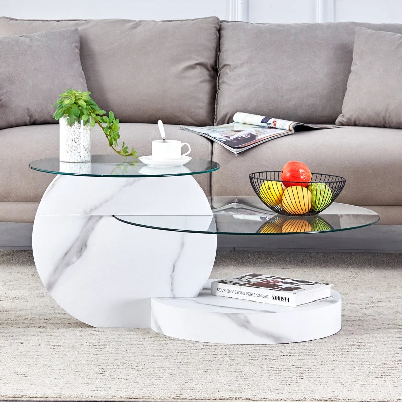 Table Basse Verre Multi-Niveaux Effet Marbre Blanc – Design Minimaliste Élégant