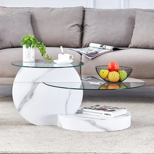 Table Basse Verre Multi-Niveaux Effet Marbre Blanc – Design Minimaliste Élégant