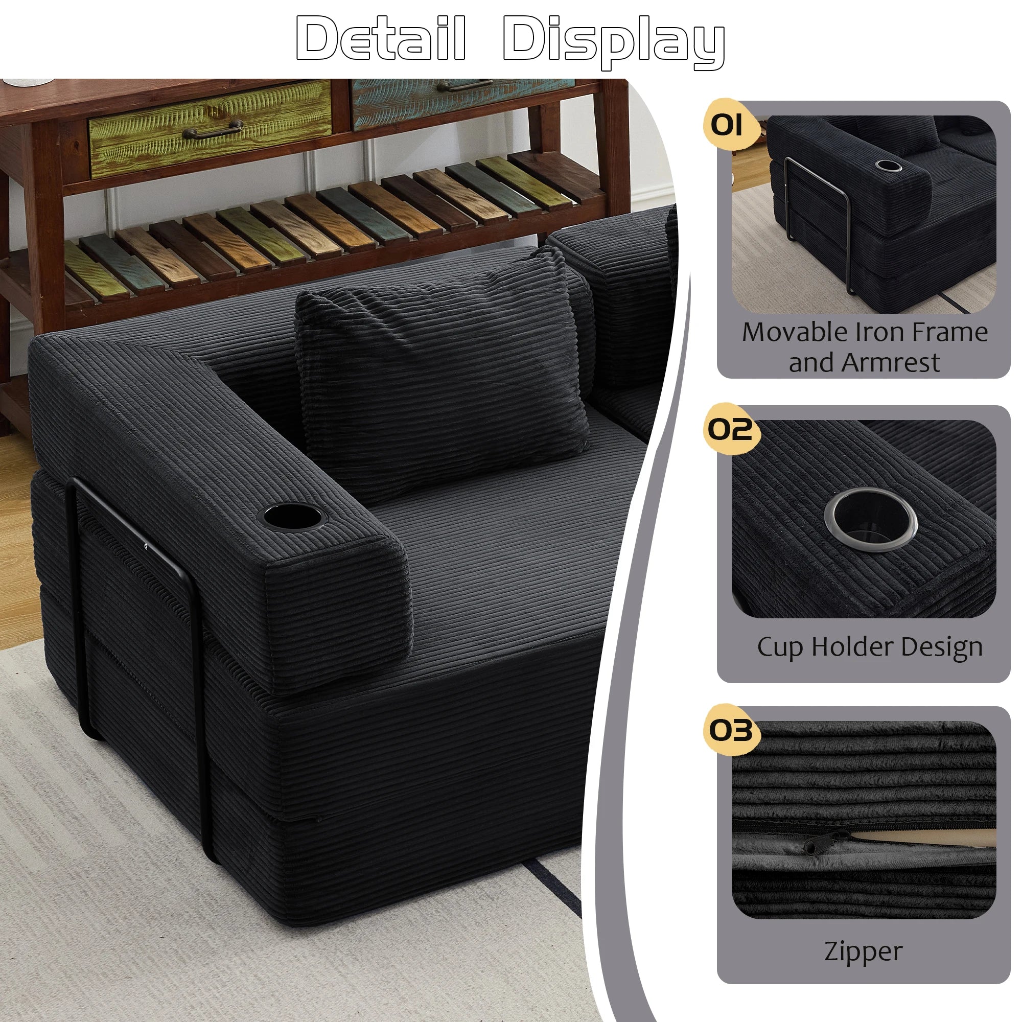 Canapé Modulaire 3 Places Corduroy Noir avec Porte-Gobelet – Sans Montage, Confort Haute Densité