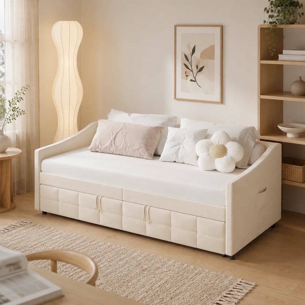 Canapé-Lit Superaly Velours Crème 90x200cm avec Rangement – Design Nordique Minimaliste