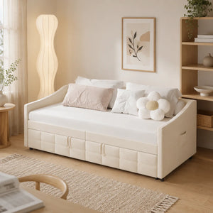 Canapé-Lit Velours Crème 90x200cm – Design Nordique avec Rangement