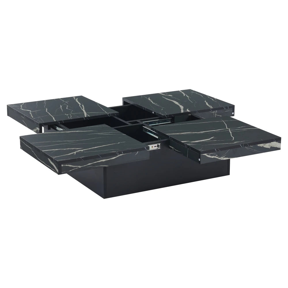 Table Basse Carrée Noire 90x90cm à 4 Tiroirs – Plateau Coulissant, Design Marbré Chic