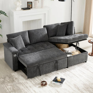 Canapé d'Angle Convertible 3-4 Places Chenille Gris Foncé – Coffre de Rangement & USB