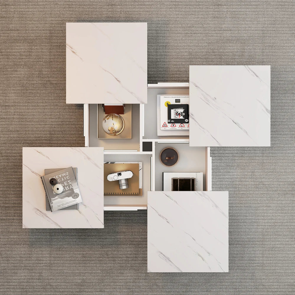 Table Basse Carrée Noire 90x90cm à 4 Tiroirs – Plateau Coulissant, Design Marbré Chic