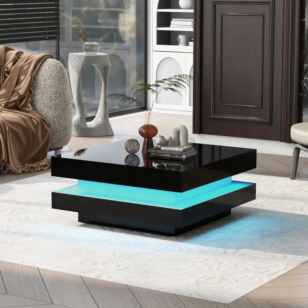 Table Basse Carrée Noire LED Multicolores 70x70cm – Design Moderne pour Salon Contemporain