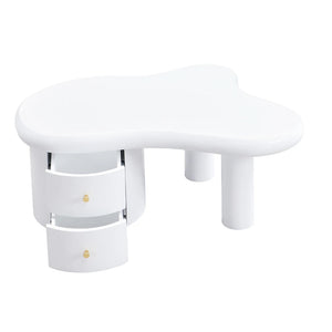 Table Basse Blanche Forme Originale – 2 Tiroirs, Gain de Place