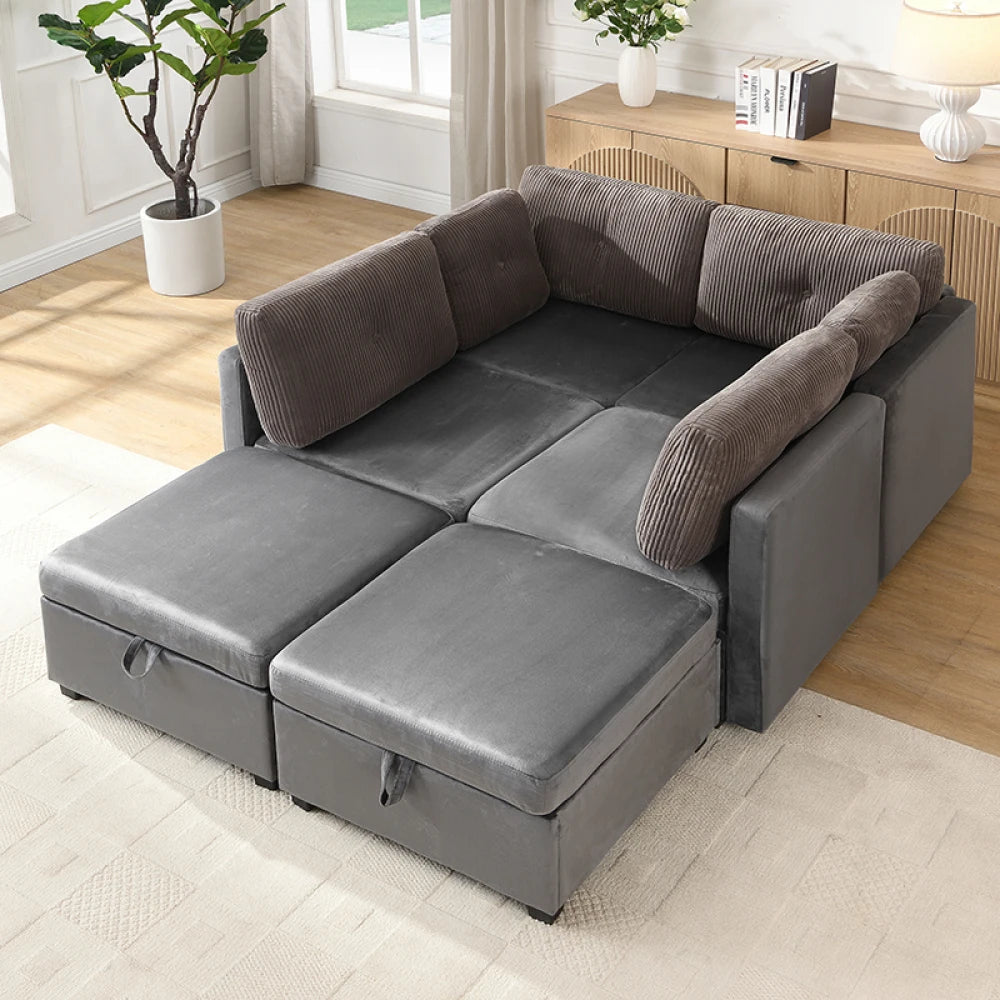 Canapé Modulaire en U avec Espace de Rangement – Velours & Cordon, Confort Haute Densité
