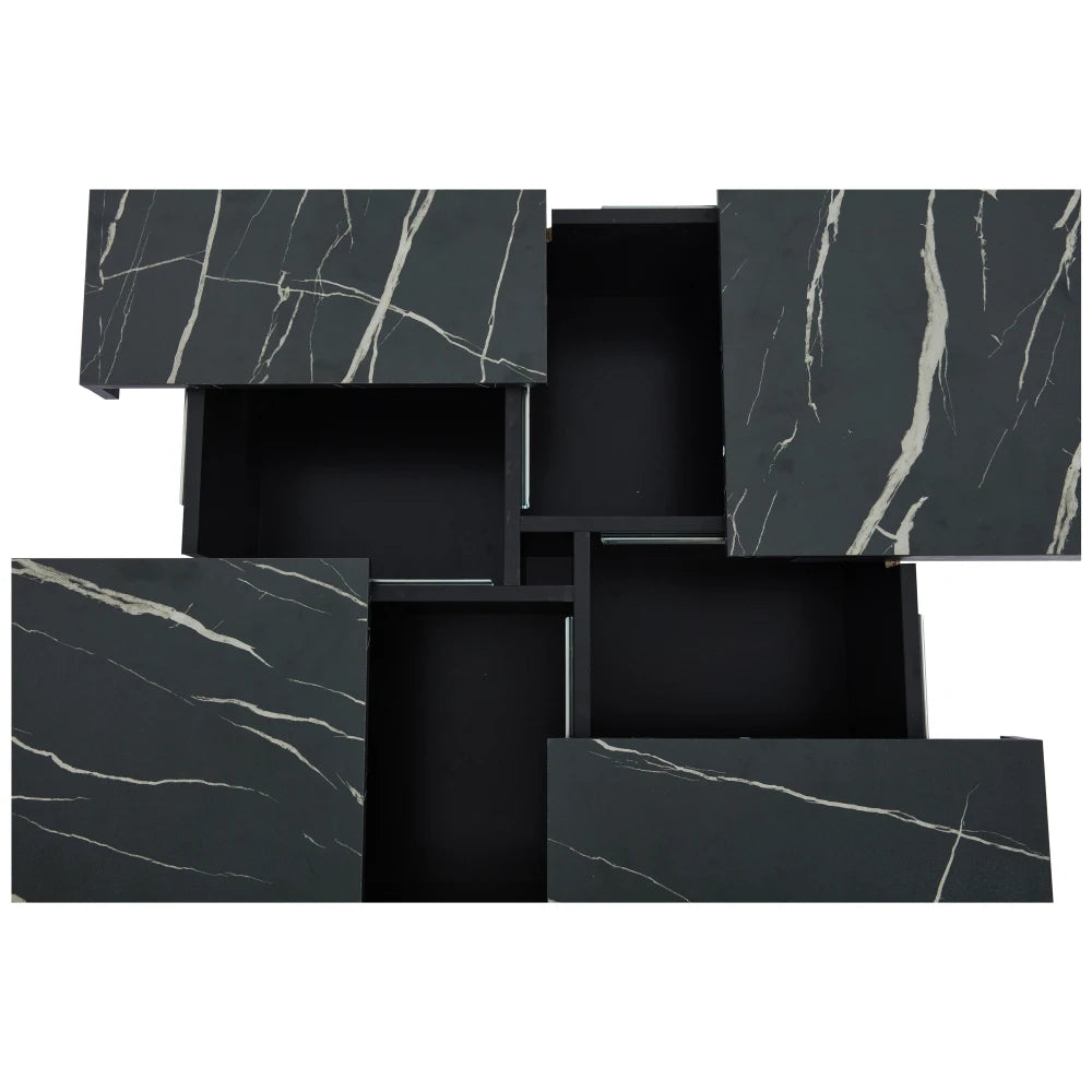 Table Basse Carrée Noire 90x90cm à 4 Tiroirs – Plateau Coulissant, Design Marbré Chic