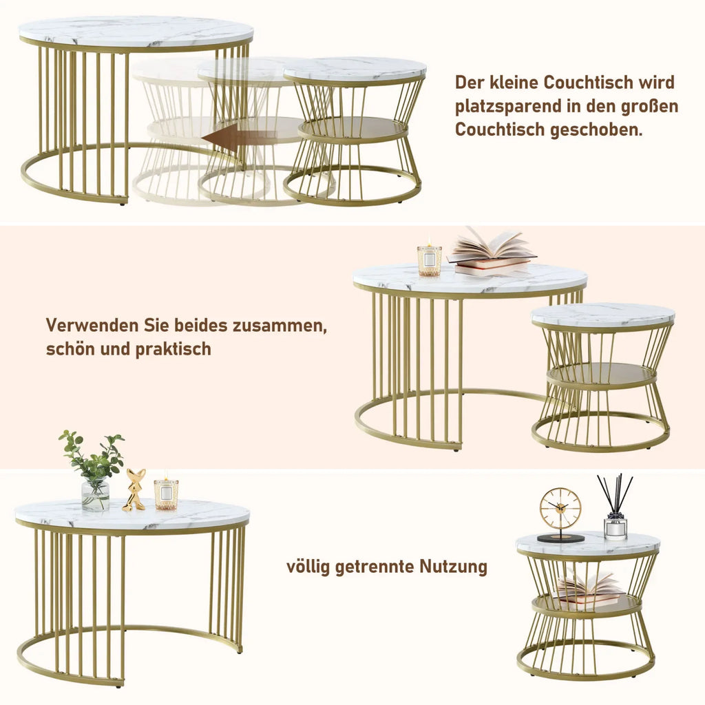 Duo de Tables Gigognes Marbre & Laiton Doré – Élégance Intemporelle pour Salon Cocooning