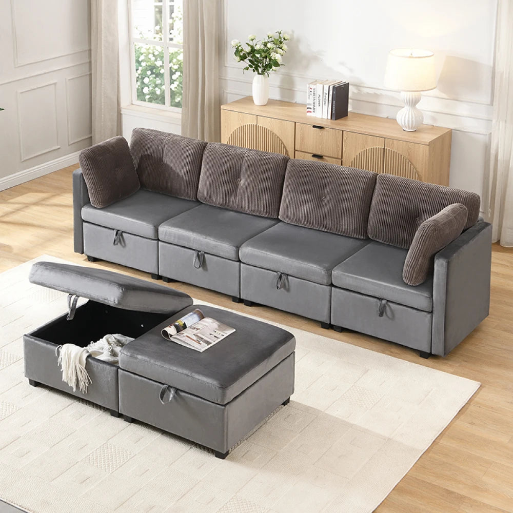 Canapé Modulaire en U avec Espace de Rangement – Velours & Cordon, Confort Haute Densité