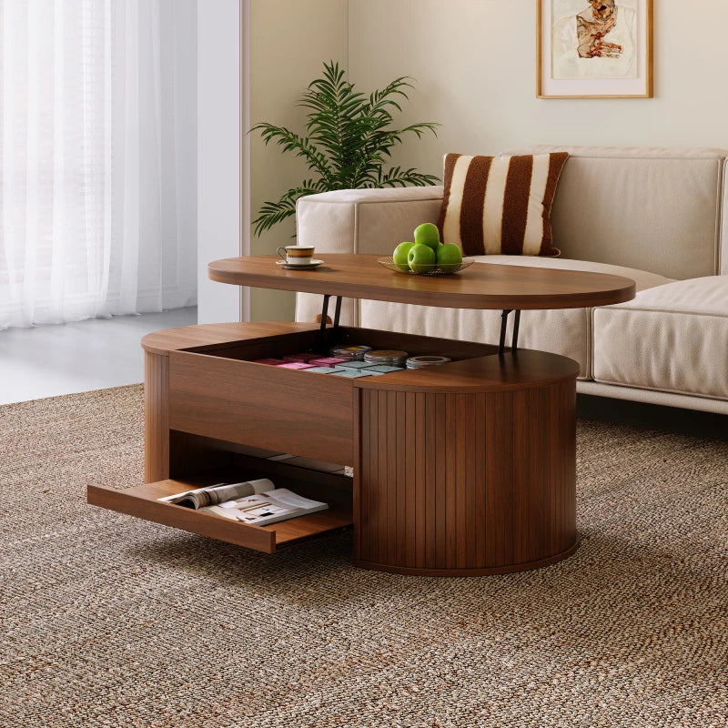 Table Basse Relevable en Bois Courbé avec Étagère Coulissante – Design Chaleureux Multifonction
