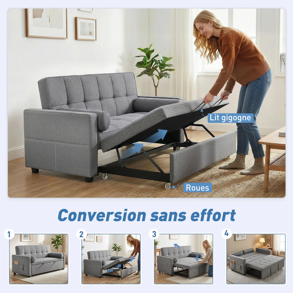 Canapé Convertible HOMCOM 3-en-1 avec Double Lit Gigogne – Confort Familial 2 Places Gris