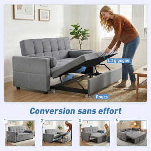Canapé Convertible 3-en-1 Gris – Lit Gigogne Double pour Recevoir Facilement