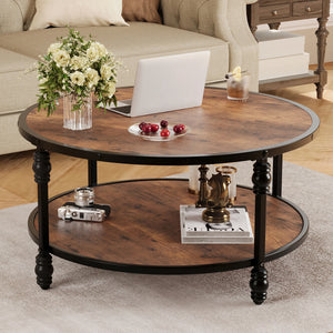 Table Basse Ronde Rustique en Bois – Étagère et Pieds Métal, Style Chaleureux