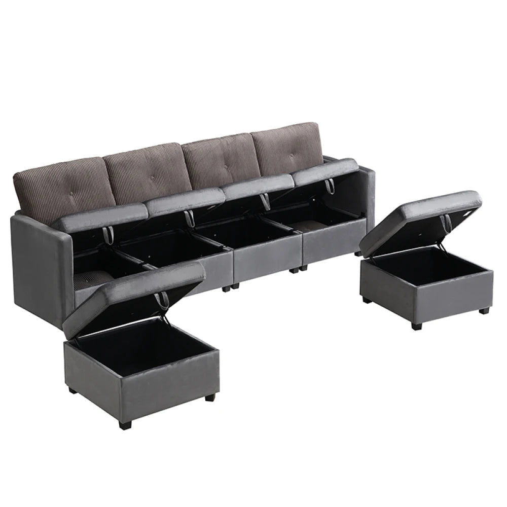 Canapé Modulaire en U avec Espace de Rangement – Velours & Cordon, Confort Haute Densité