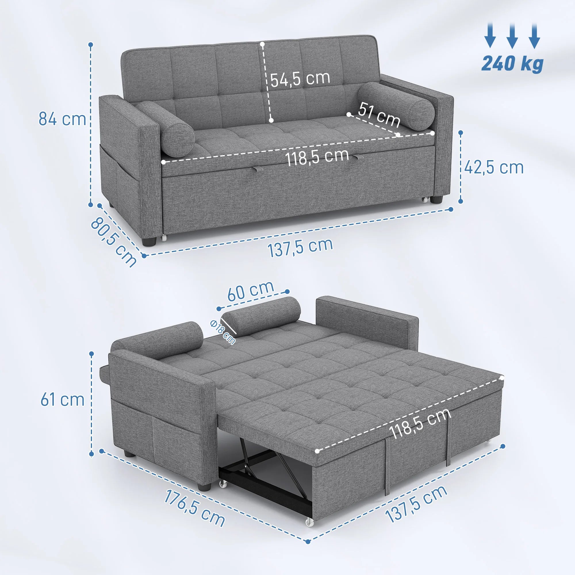 Canapé Convertible HOMCOM 3-en-1 avec Double Lit Gigogne – Confort Familial 2 Places Gris