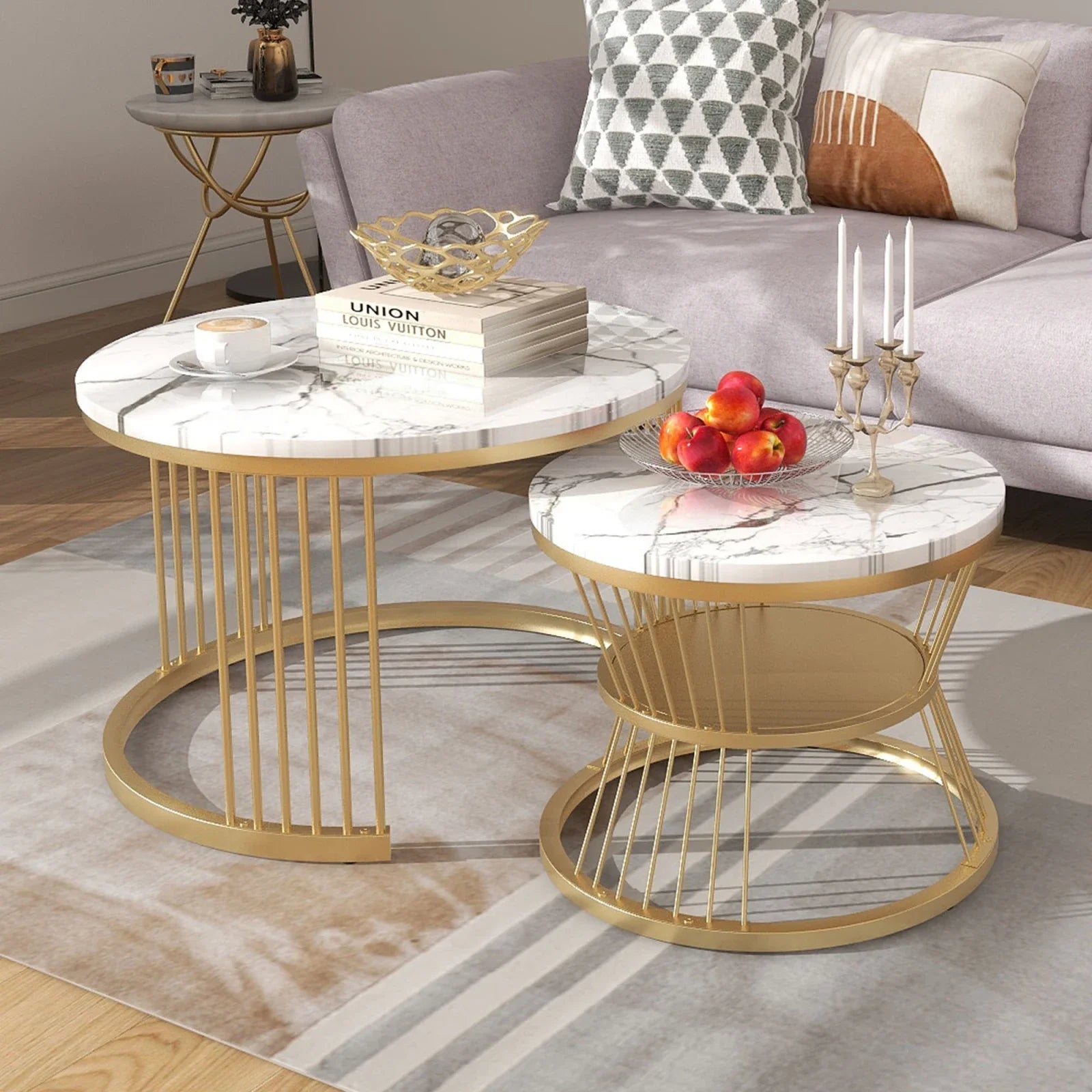 Duo de Tables Gigognes Marbre & Laiton Doré – Élégance Intemporelle pour Salon Cocooning