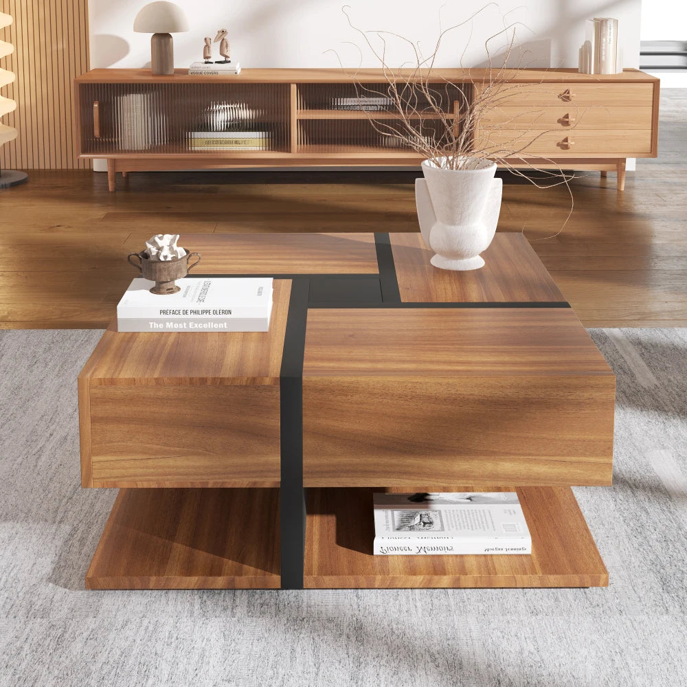 Table Basse PINGGO 78x78cm avec 4 Tiroirs – Design Graphique & Rangement Généreux