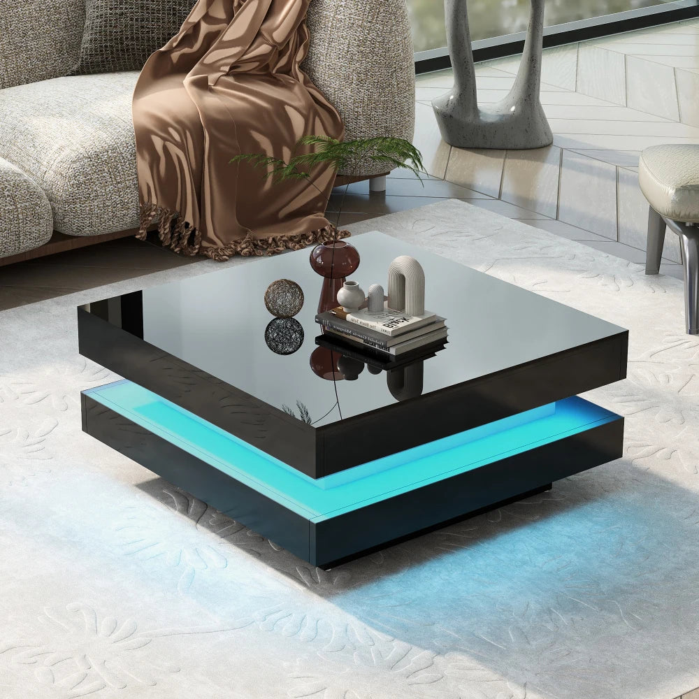 Table Basse Carrée Noire LED Multicolores 70x70cm – Design Moderne pour Salon Contemporain