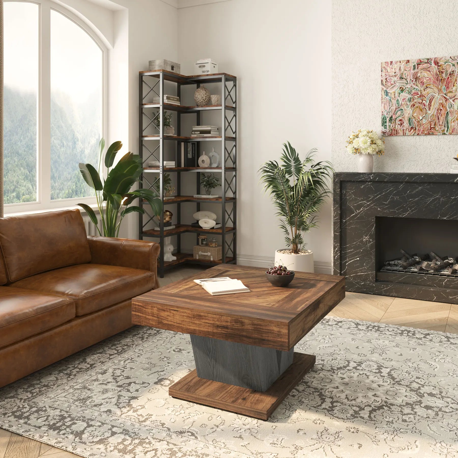 Table Basse Carrée Tribesigns 80cm Brun Rustique & Noir – Bois Solide, Style Chaleureux