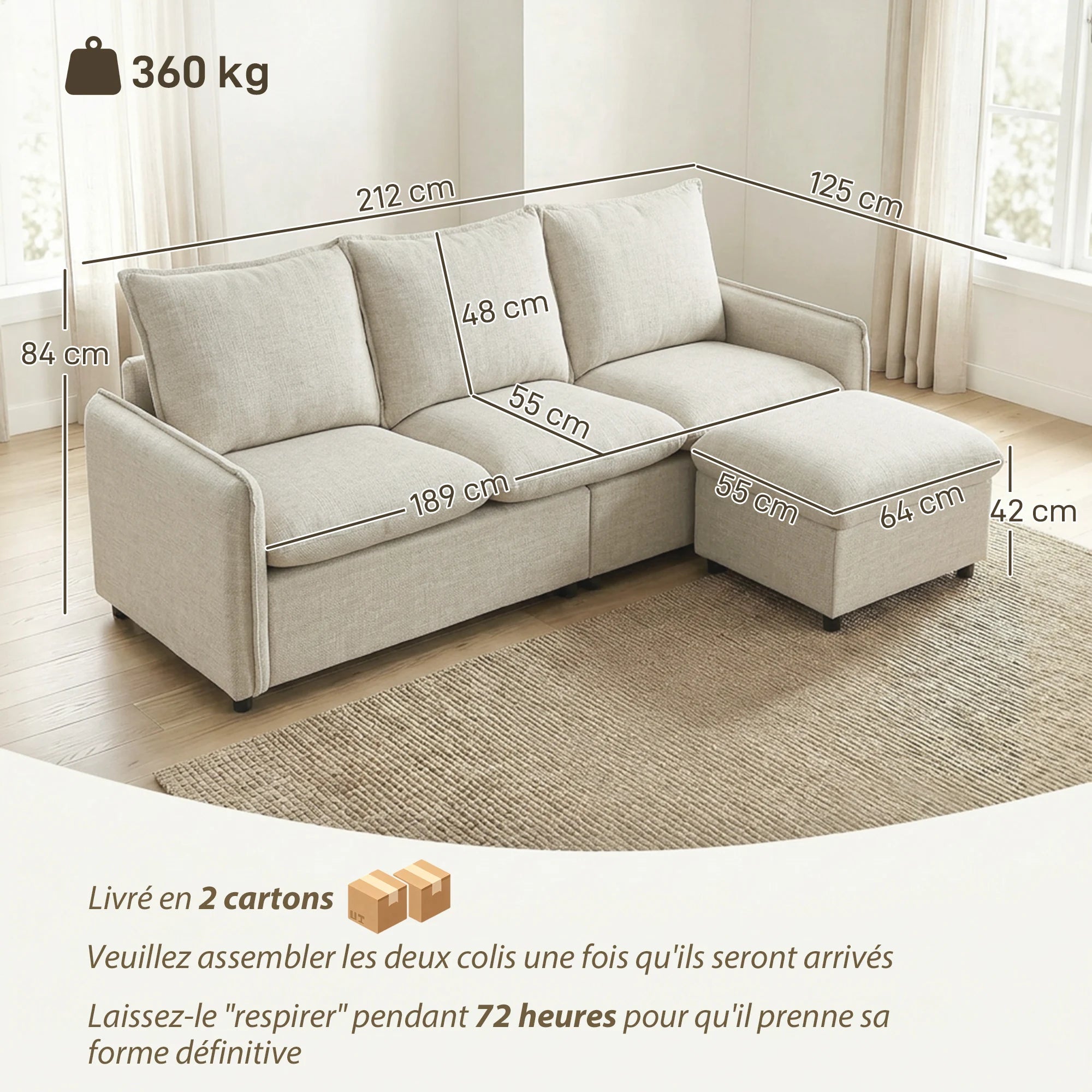 Canapé HOMCOM 3 Places 212cm Lin Crème avec Pouf de Rangement – Confort Familial Modulaire