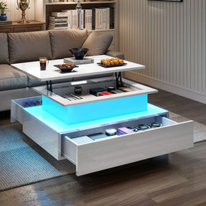 Table Basse Relevable Balconera LED – Plateau Ajustable, 2 Tiroirs de Rangement