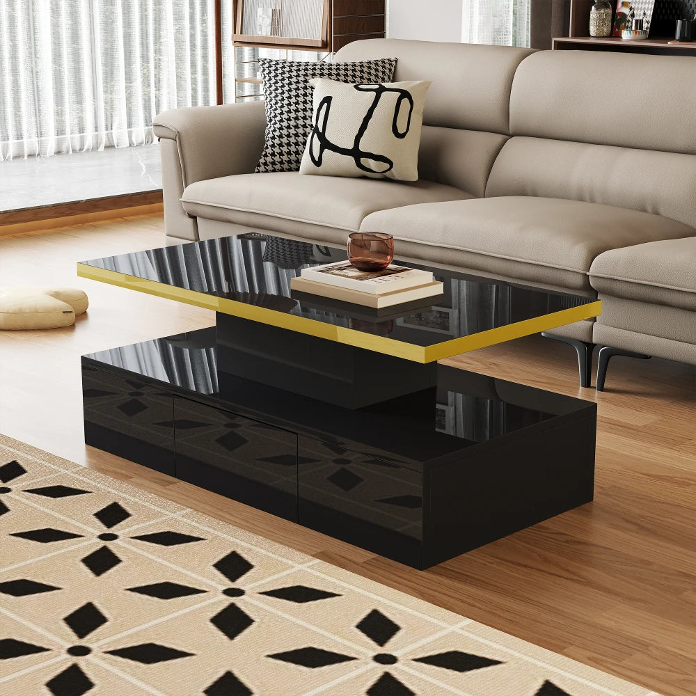 Table Basse PINGGO Haute Brillance avec Tiroirs & LED – 2 Niveaux de Rangement