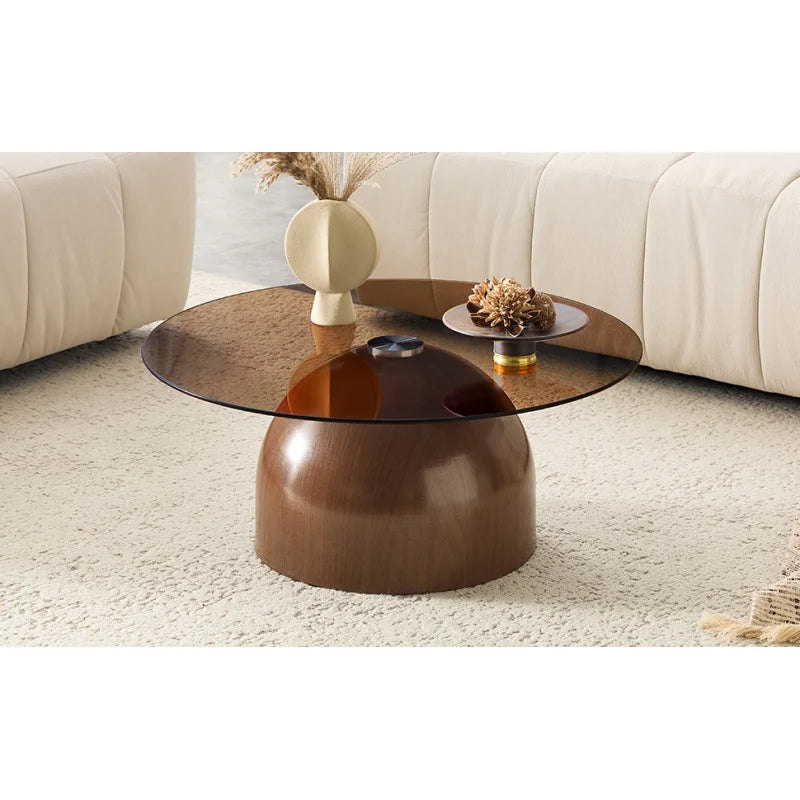 Table Basse Ronde en Verre Trempé Base Effet Noyer Ø70cm – Élégance Naturelle