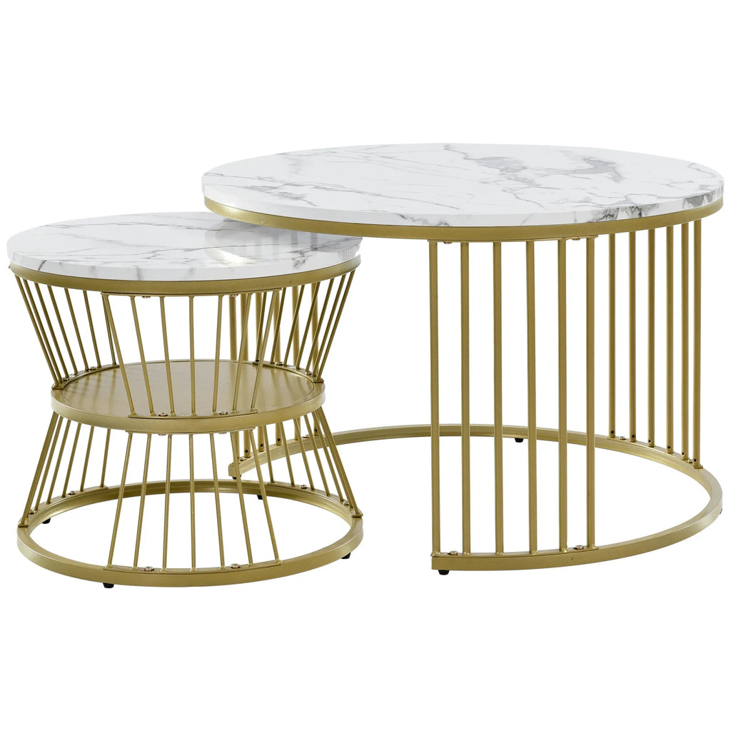 Duo de Tables Gigognes Marbre & Laiton Doré – Élégance Intemporelle pour Salon Cocooning