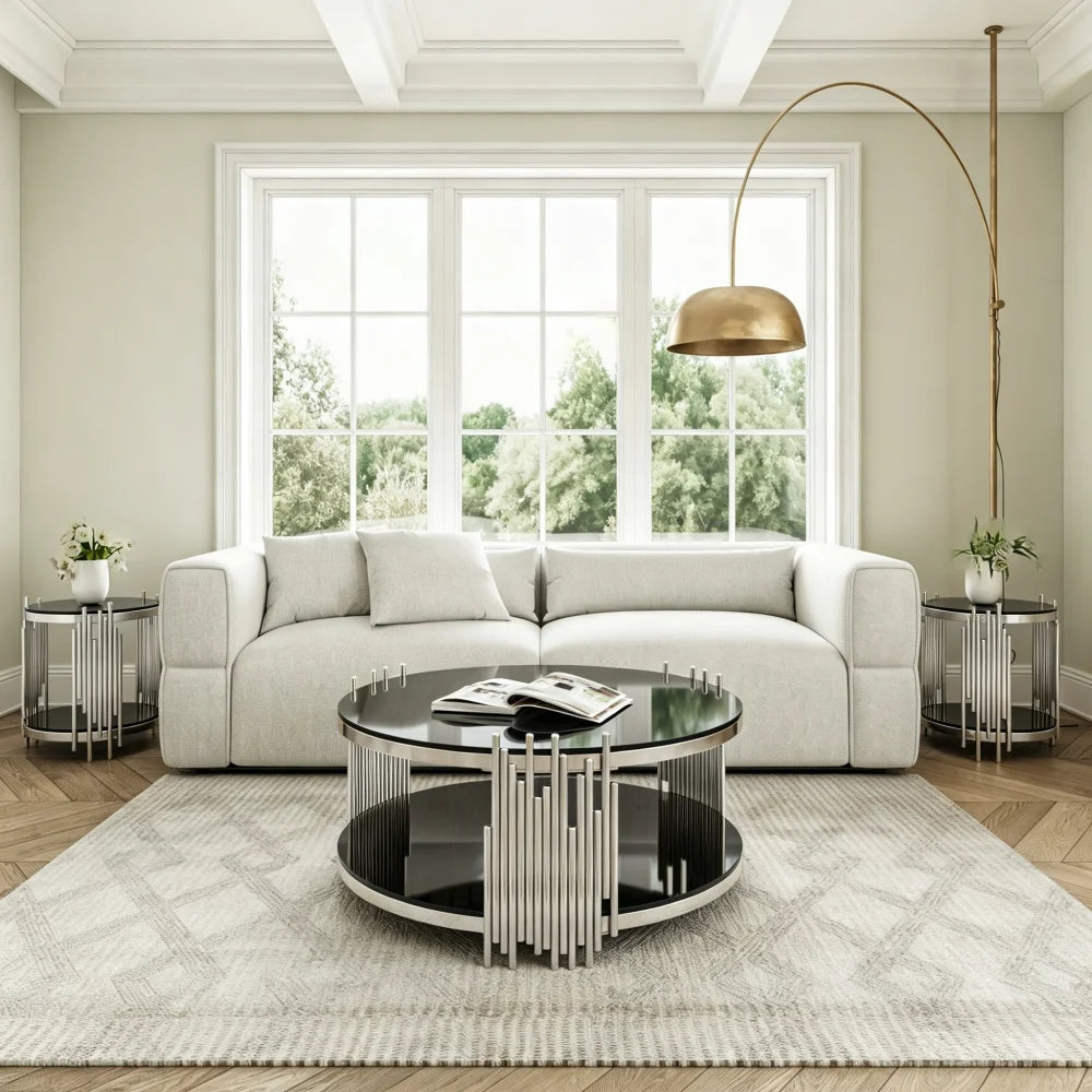 Table Basse Ronde Verre Noir & Métal Doré – Élégance Luxe pour votre Salon