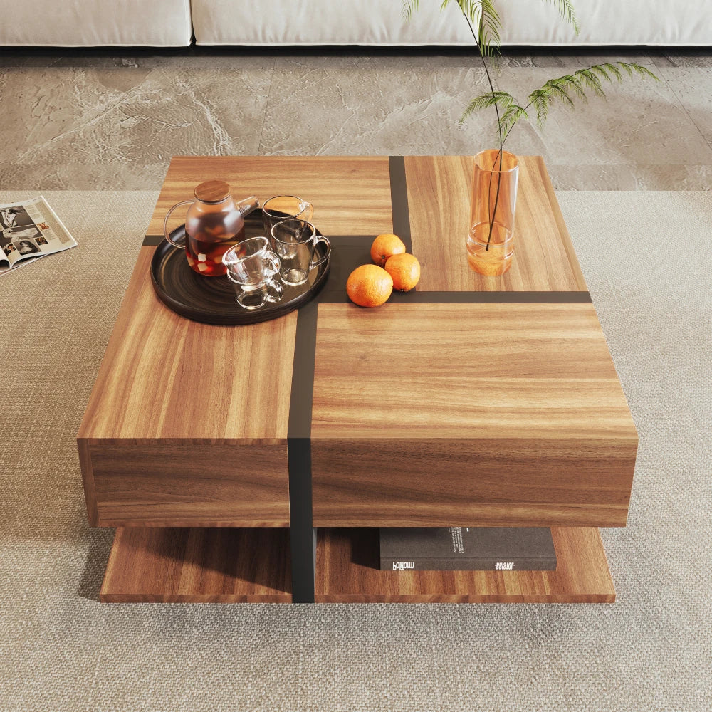 Table Basse PINGGO 78x78cm avec 4 Tiroirs – Design Graphique & Rangement Généreux