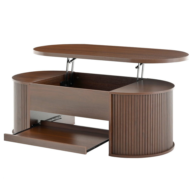 Table Basse Relevable en Bois Courbé – Étagère Coulissante, Design Chaleureux