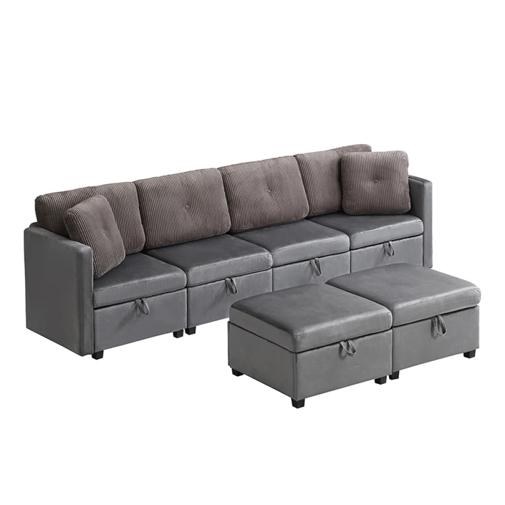 Canapé Modulaire en U avec Espace de Rangement – Velours & Cordon, Confort Haute Densité