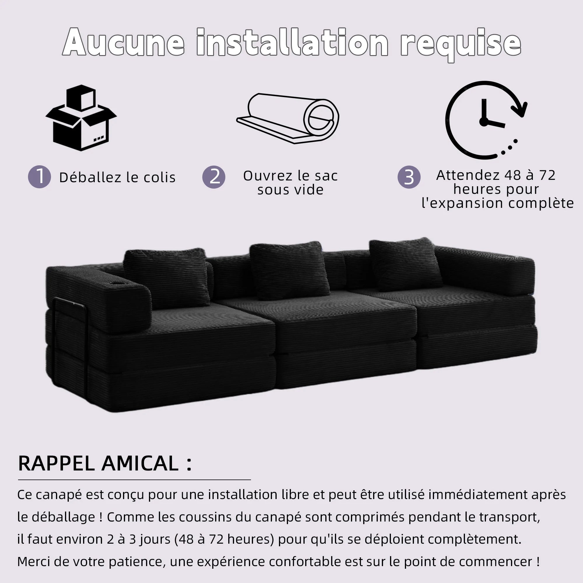 Canapé Modulaire 3 Places Corduroy Noir avec Porte-Gobelet – Sans Montage, Confort Haute Densité