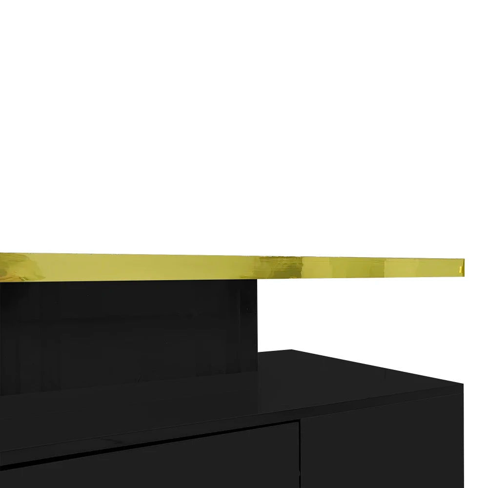 Table Basse PINGGO Haute Brillance avec Tiroirs & LED – 2 Niveaux de Rangement
