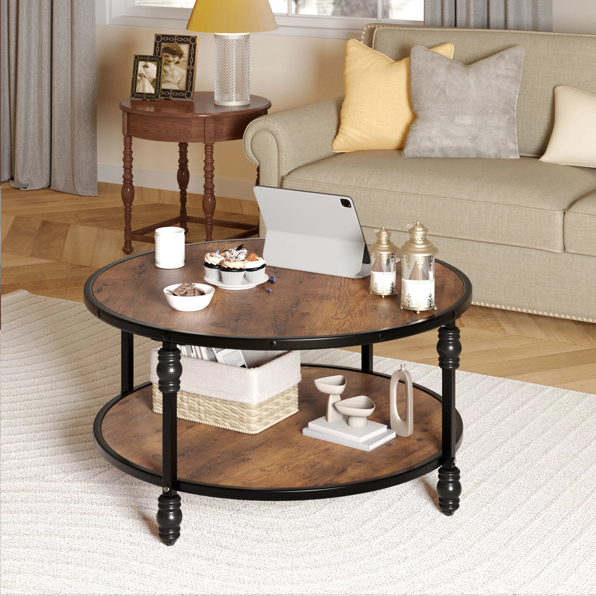 Table Basse Ronde Rustique en Bois – Étagère et Pieds Métal, Style Chaleureux