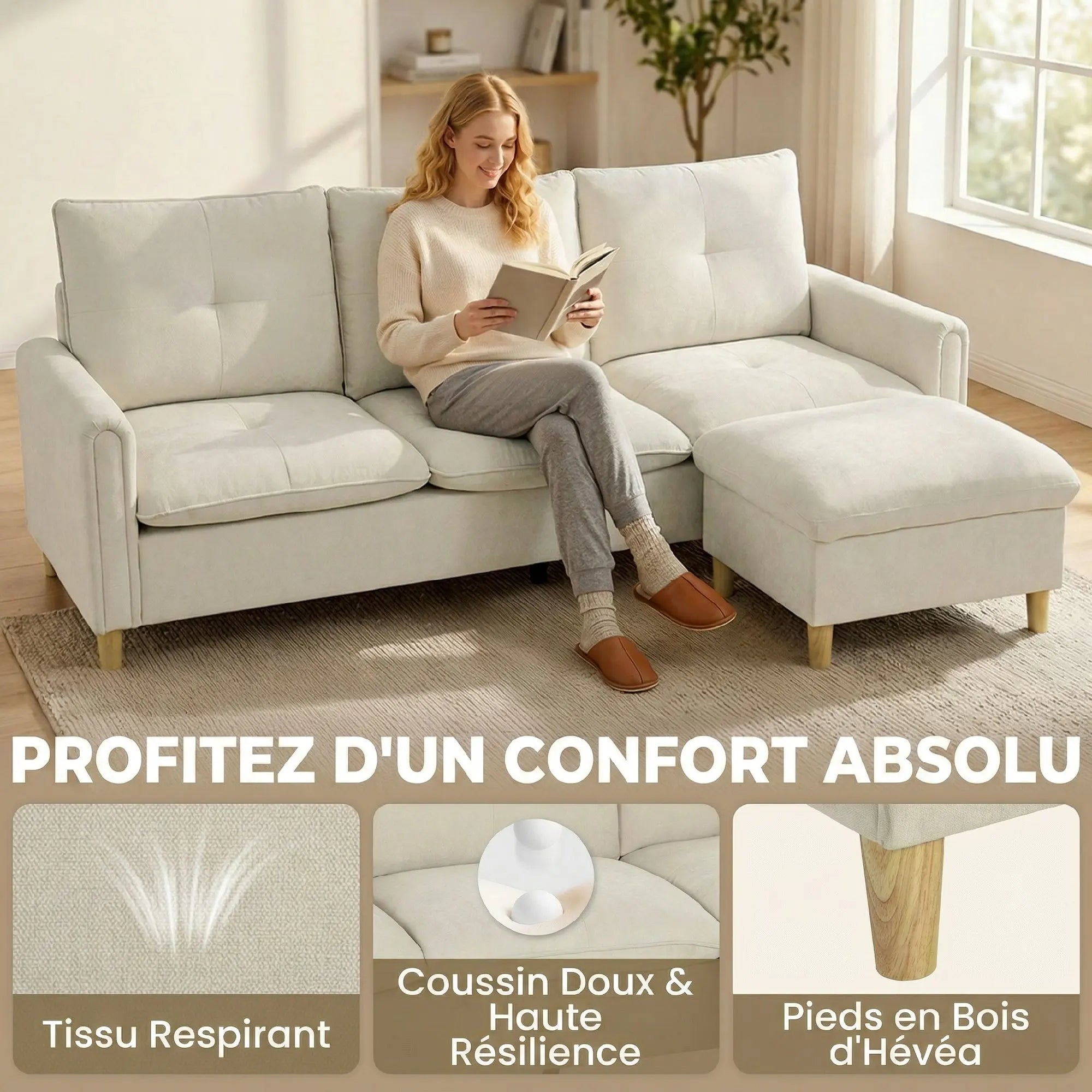 Canapé HOMCOM 3 Places Lin Crème avec Pouf de Rangement & Angle Ajustable