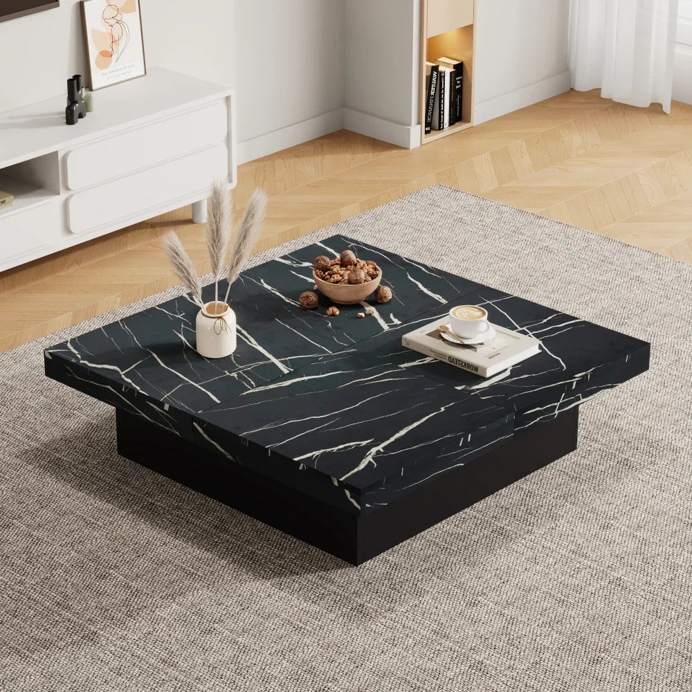 Table Basse Carrée Noire 90x90cm à 4 Tiroirs – Plateau Coulissant, Design Marbré Chic