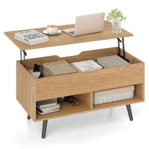 Table Basse Relevable 80cm Bois Naturel – Rangement Caché et Étagères Pratiques