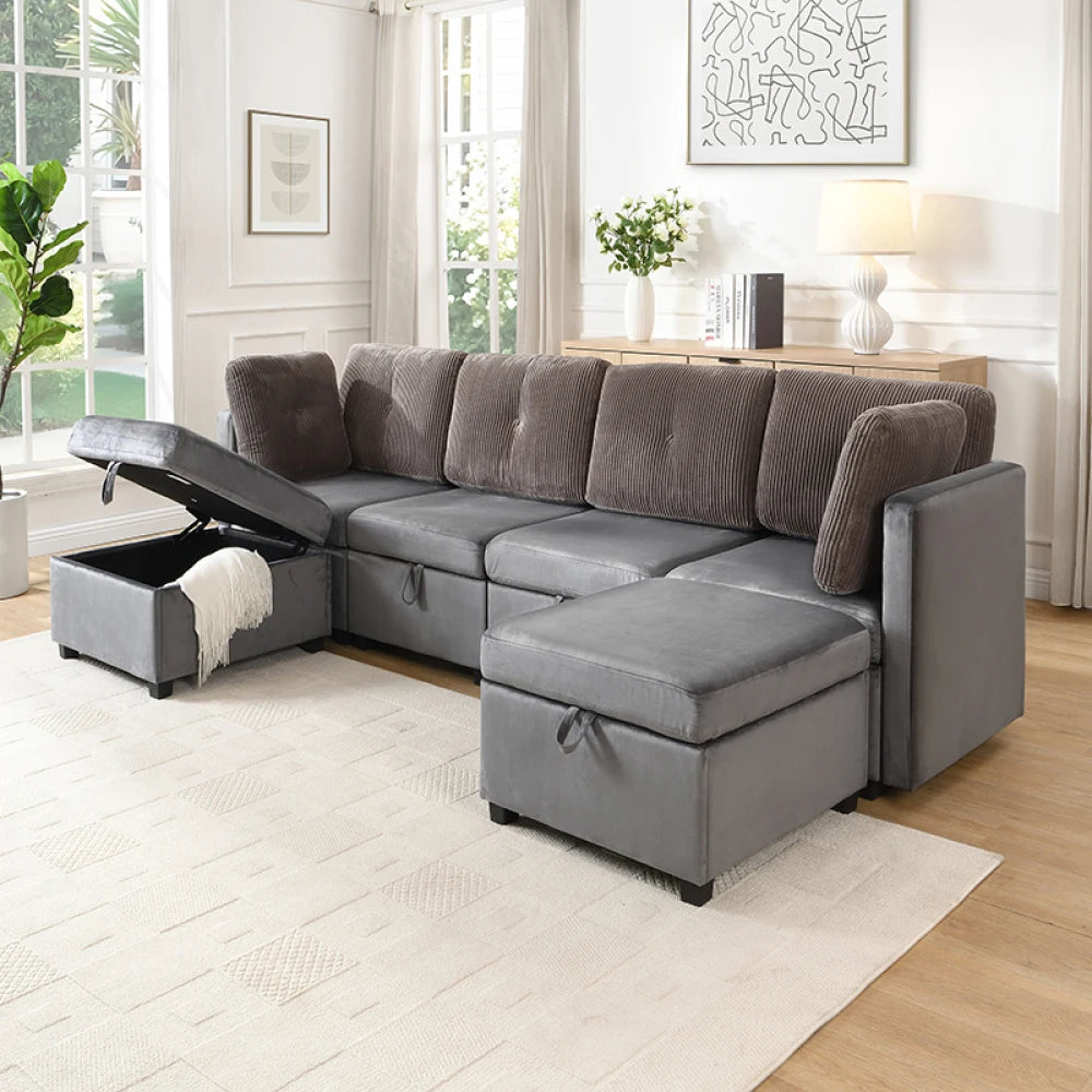 Canapé Modulaire en U avec Espace de Rangement – Velours & Cordon, Confort Haute Densité