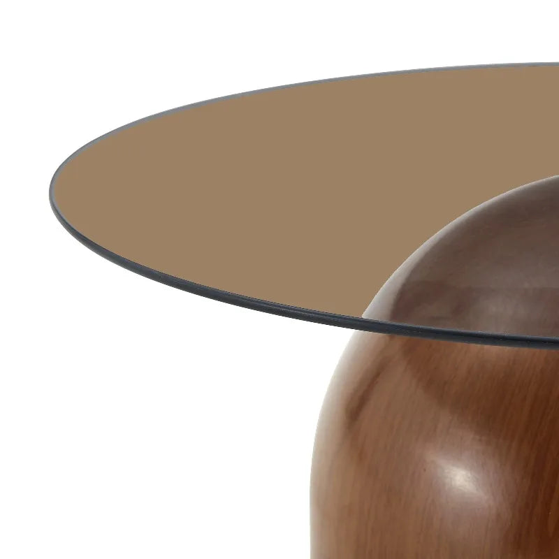 Table Basse Ronde en Verre Trempé Base Effet Noyer Ø70cm – Élégance Naturelle