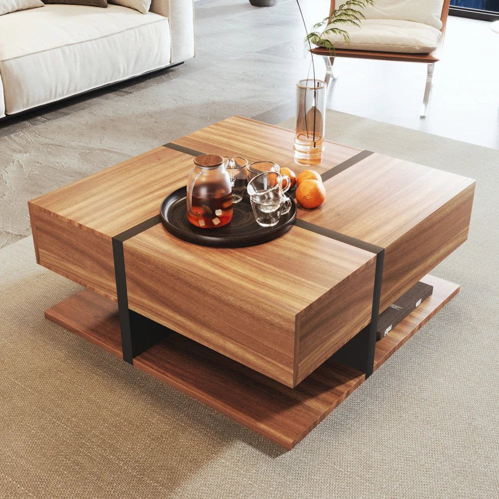 Table Basse PINGGO 78x78cm avec 4 Tiroirs – Design Graphique & Rangement Généreux