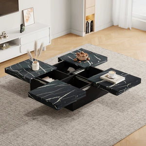 Table Basse Carrée Noire 90x90cm – 4 Tiroirs et Plateau Coulissant Effet Marbre