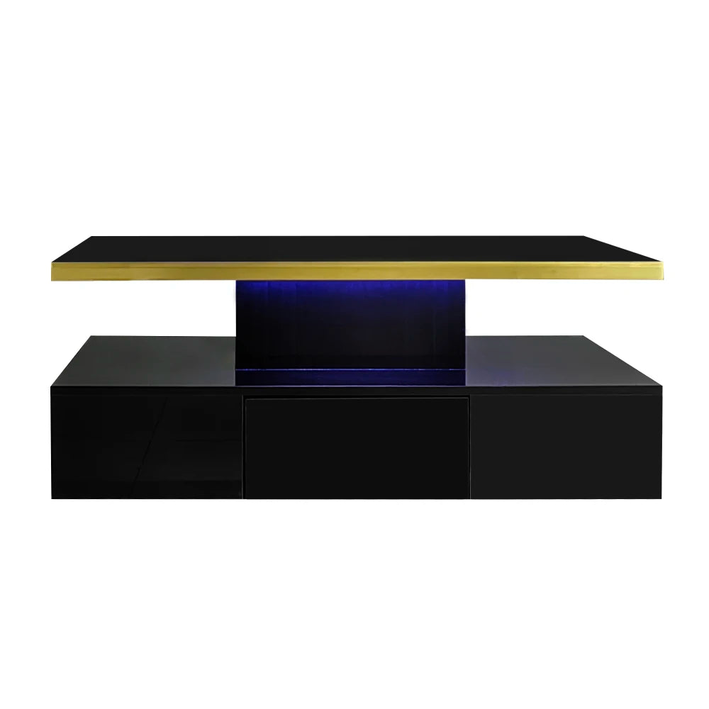 Table Basse PINGGO Haute Brillance avec Tiroirs & LED – 2 Niveaux de Rangement