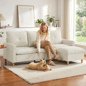 Canapé 3 Places Lin Crème – Angle Ajustable & Rangement Intégré