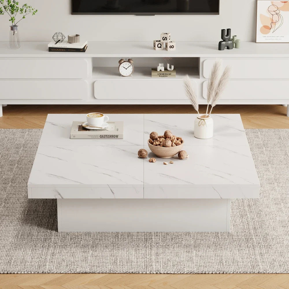 Table Basse Carrée Noire 90x90cm à 4 Tiroirs – Plateau Coulissant, Design Marbré Chic