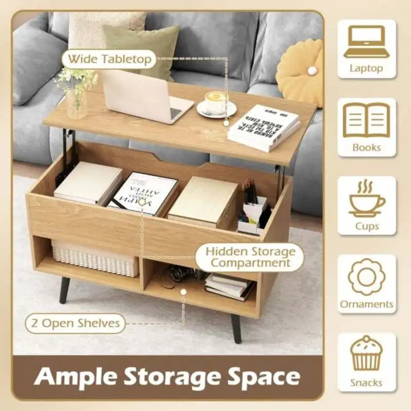 Table Basse Relevable 80cm Bois Naturel – Compartiment Caché & Étagères de Rangement