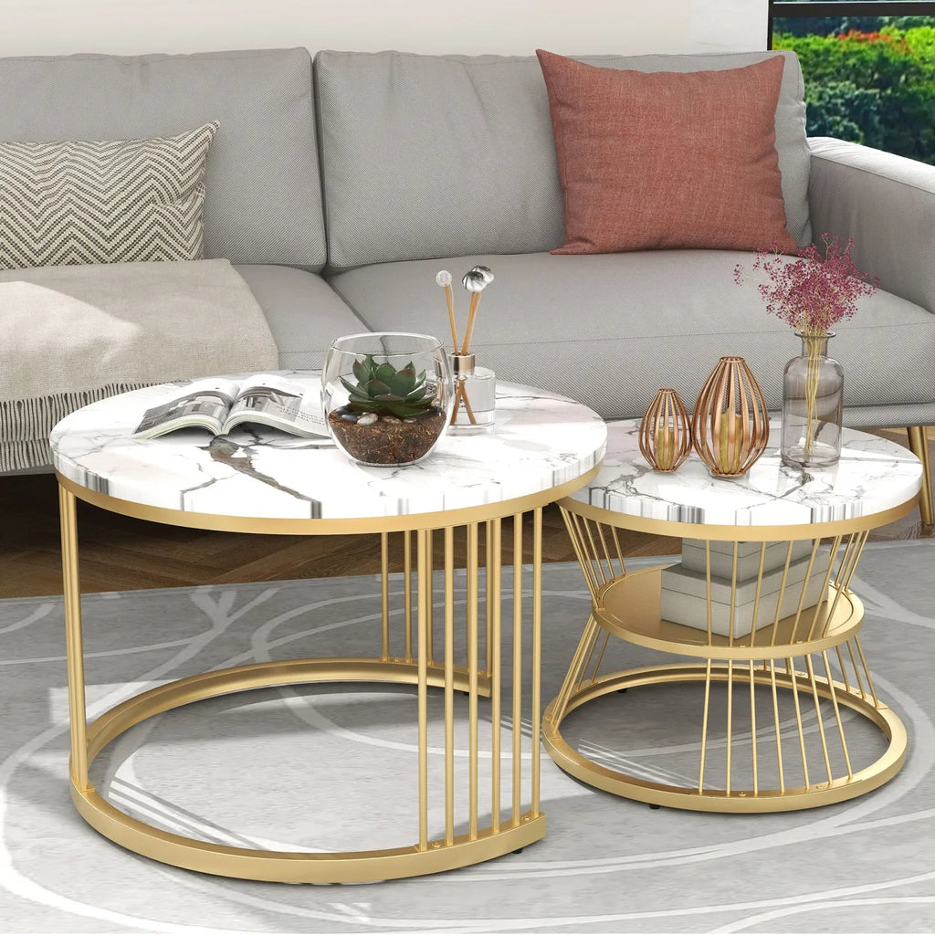 Duo de Tables Gigognes Marbre & Laiton Doré – Élégance Intemporelle pour Salon Cocooning